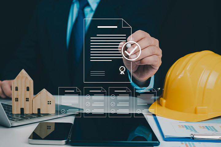 A suited man with a hardhat draws a house design on a tablet, showcasing Right Pool Contractor in Austin.